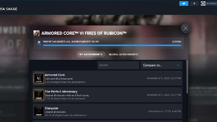 My achievements of Armored Core VI