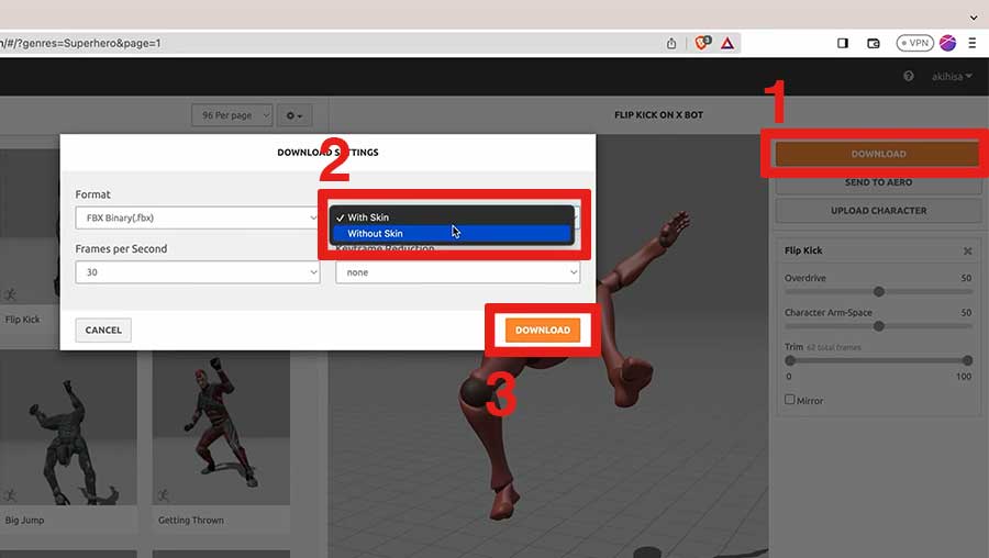 Donwload Dialog of Mixamo